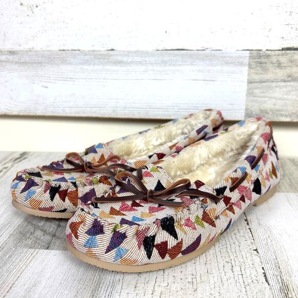 Indigo Rd. Womens 7.5 Faux Fur Lined Textile Aztec Moccasin Slip-On Slippers NEW - Picture 1 of 8